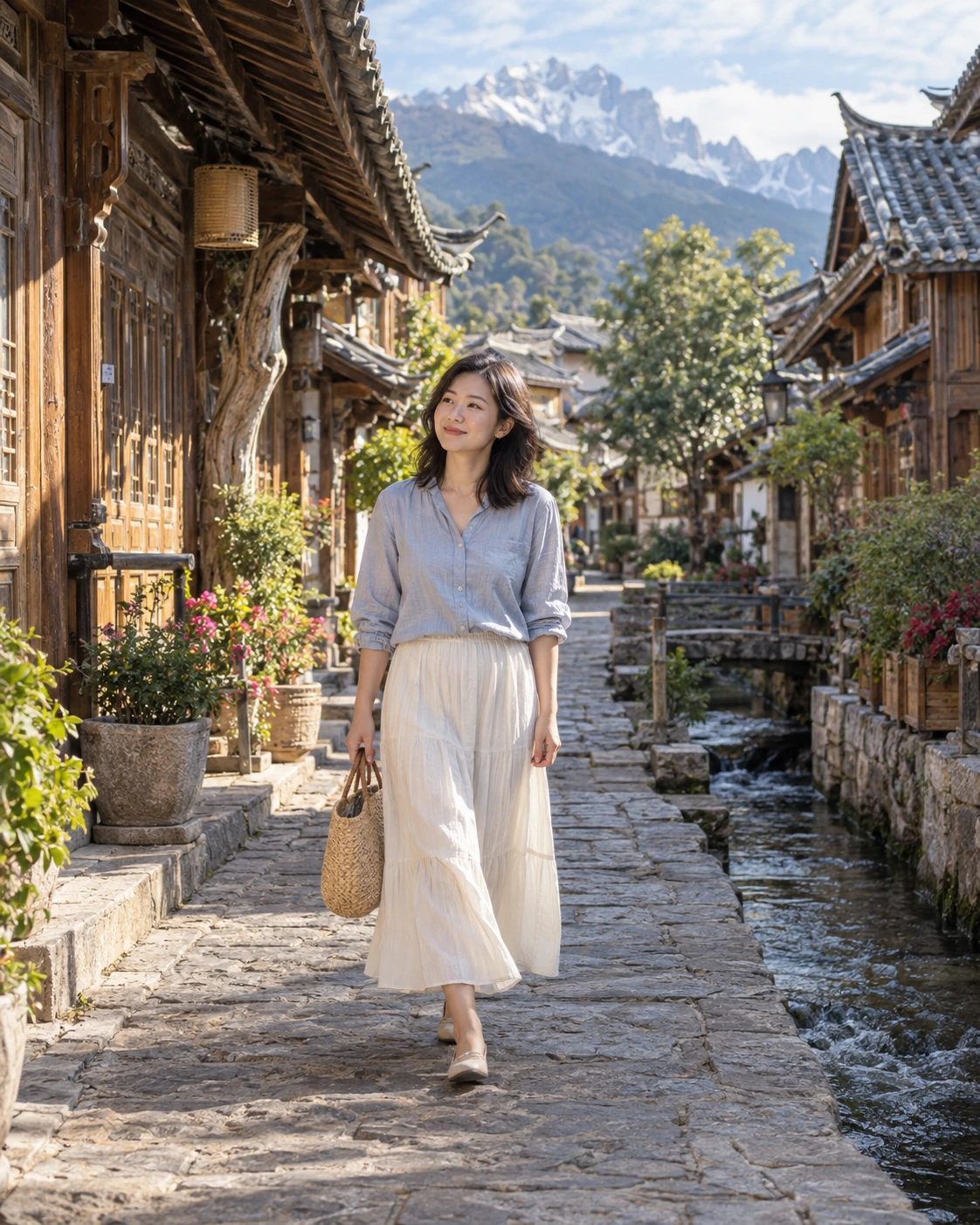 古镇街巷中的人物旅行意境图,AI 生成